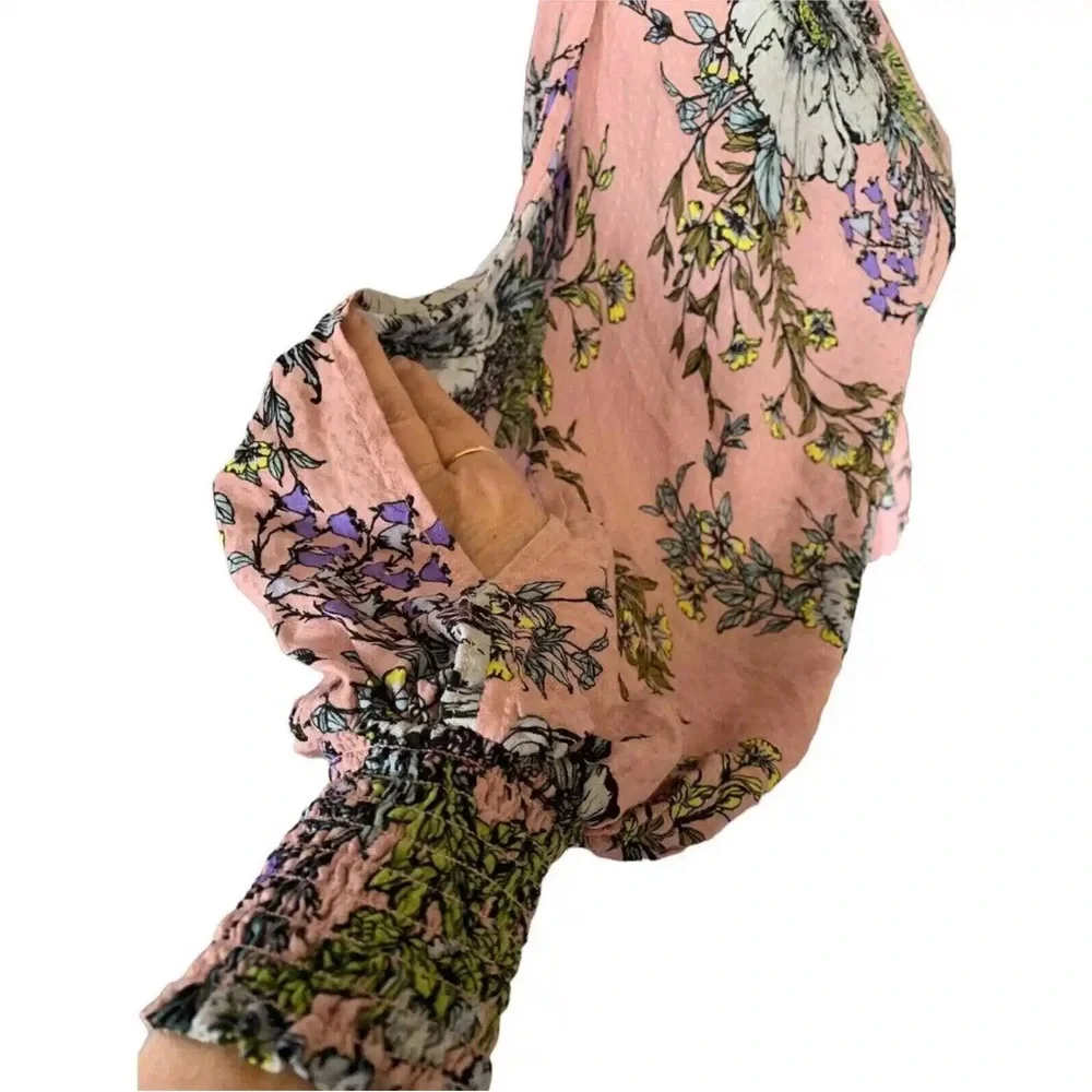 LOVE STITCH WOMENS DRESS TOP PINK FLORAL MEDIUM RUFFLE HEM LONG SLIT SLEEVE - Picture 6 of 8